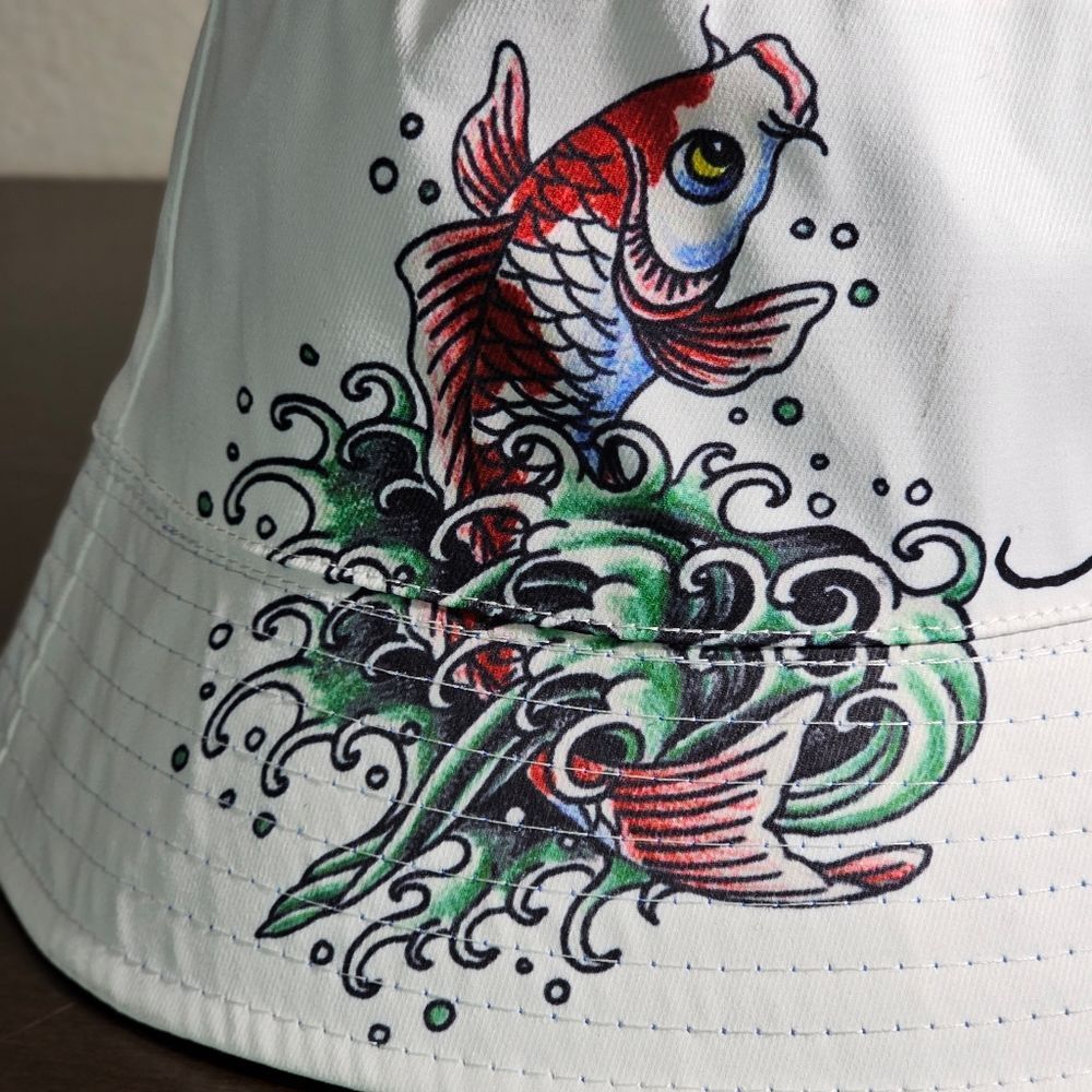 Ed Hardy By Christian Audigier Fish Tattoo Bucket Hat Reversible White Blue New - Picture 3 of 9